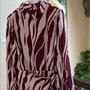 Maggy London Maroon & Cream Zebra-Striped Tie-Waist Dress